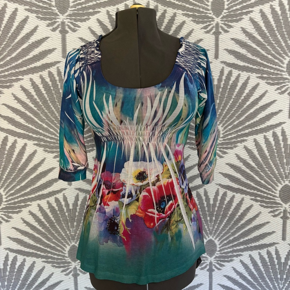 Vtg Y2K Floral Babydoll Top 3/4 Sleeve Sz S Multicolored Watercolor Artsy Boho